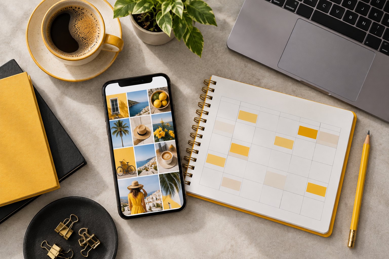 Celular com feed de rede social e planejamento de conteúdo sobre a mesa