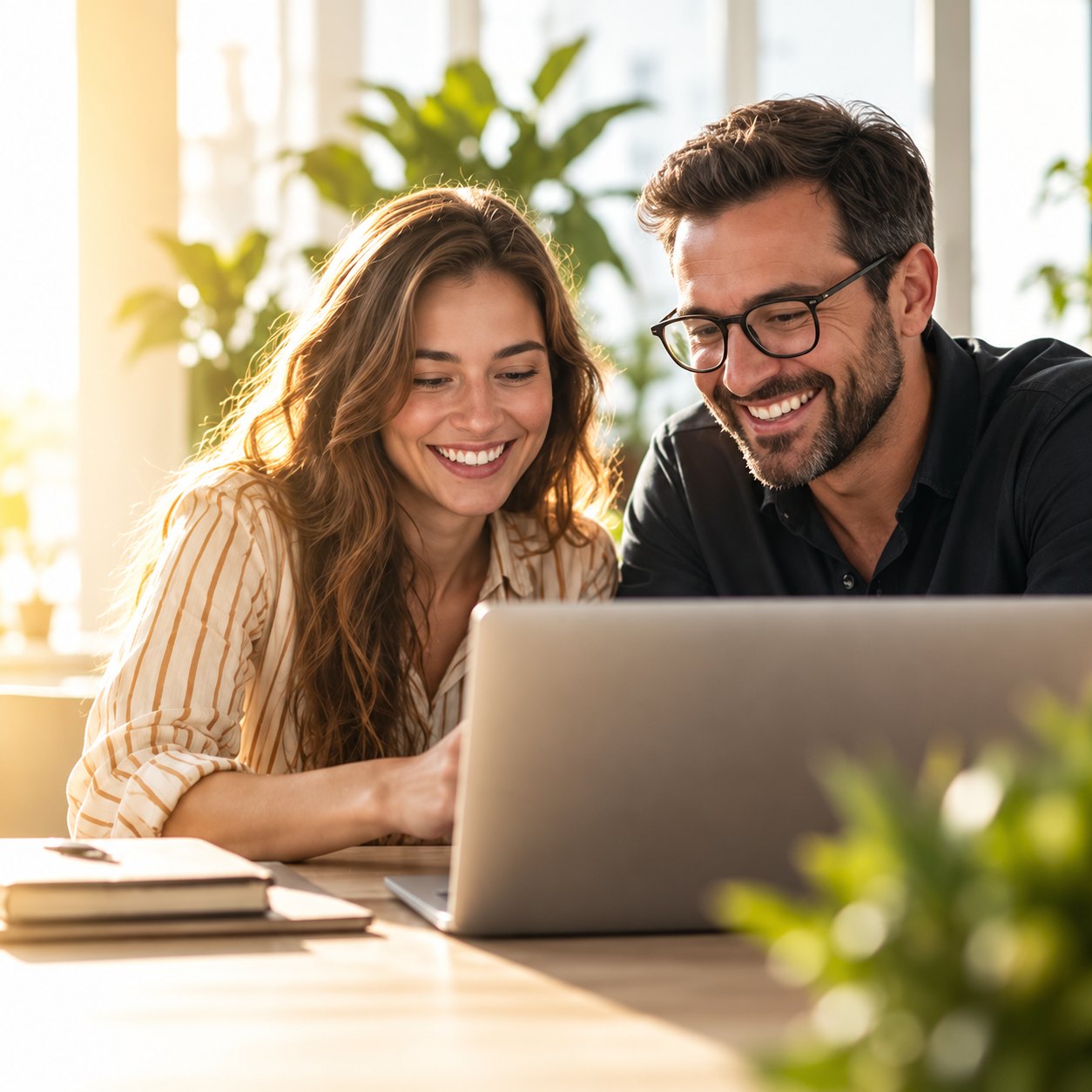 Duas pessoas sorrindo enquanto analisam um site em um notebook