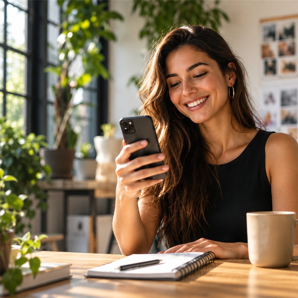 Mulher sorrindo enquanto usa o celular em uma mesa com caderno e caneca