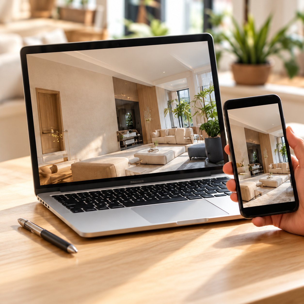 Notebook e celular exibindo o mesmo site de arquitetura de interiores
